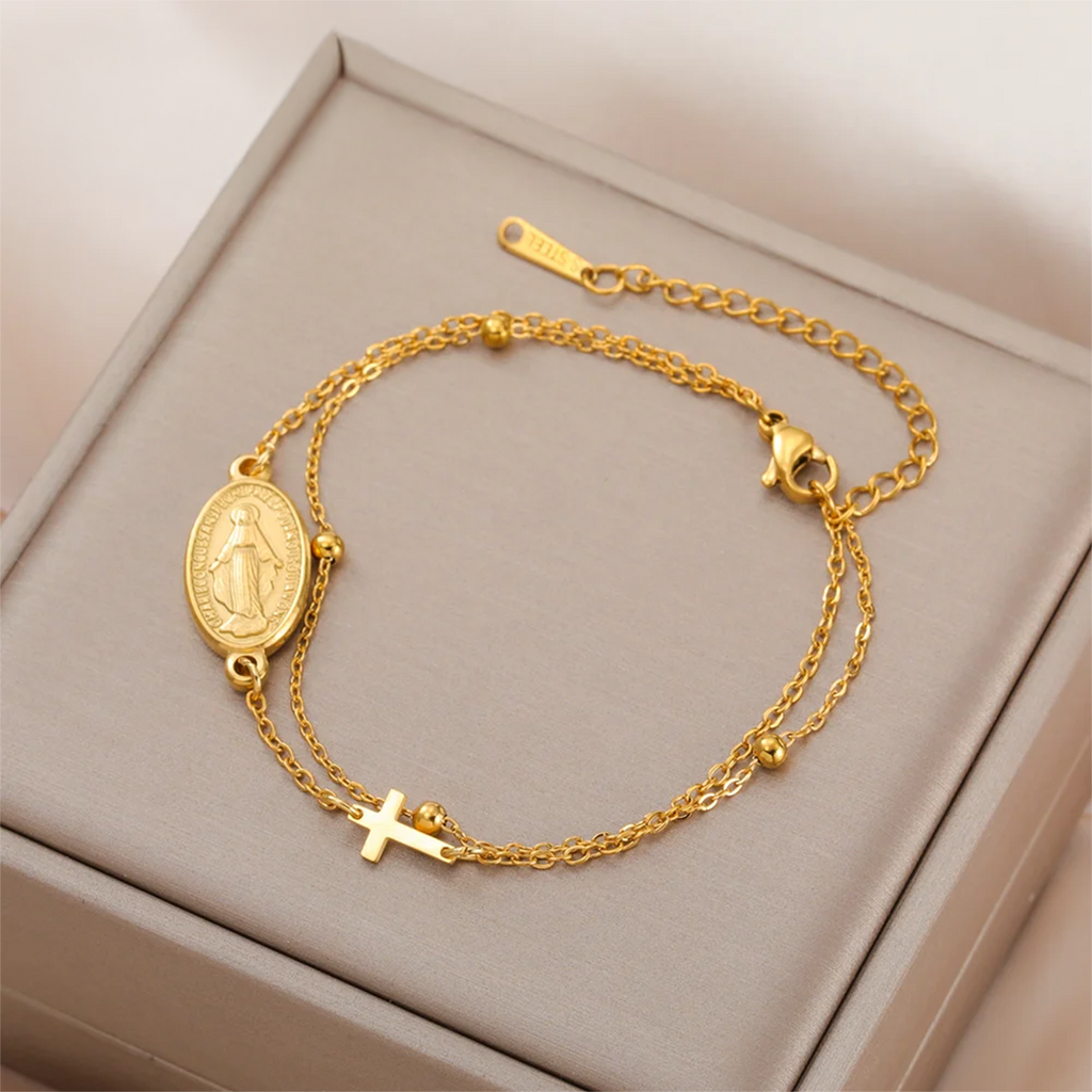 Virgin Mary with Cross Pendant Bracelets Stainless Steel Beads Chain Bracelets
