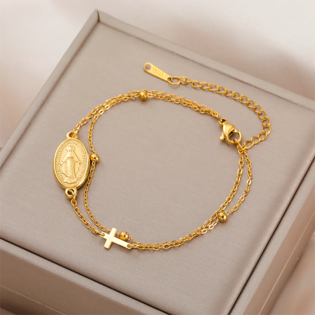 Virgin Mary with Cross Pendant Bracelets Stainless Steel Beads Chain Bracelets