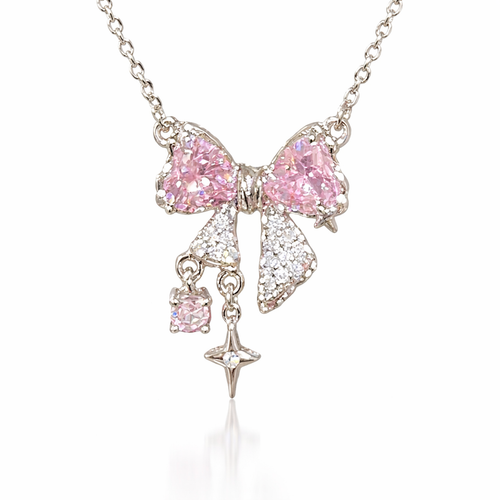 Pink Crystal Bow Charm Necklace