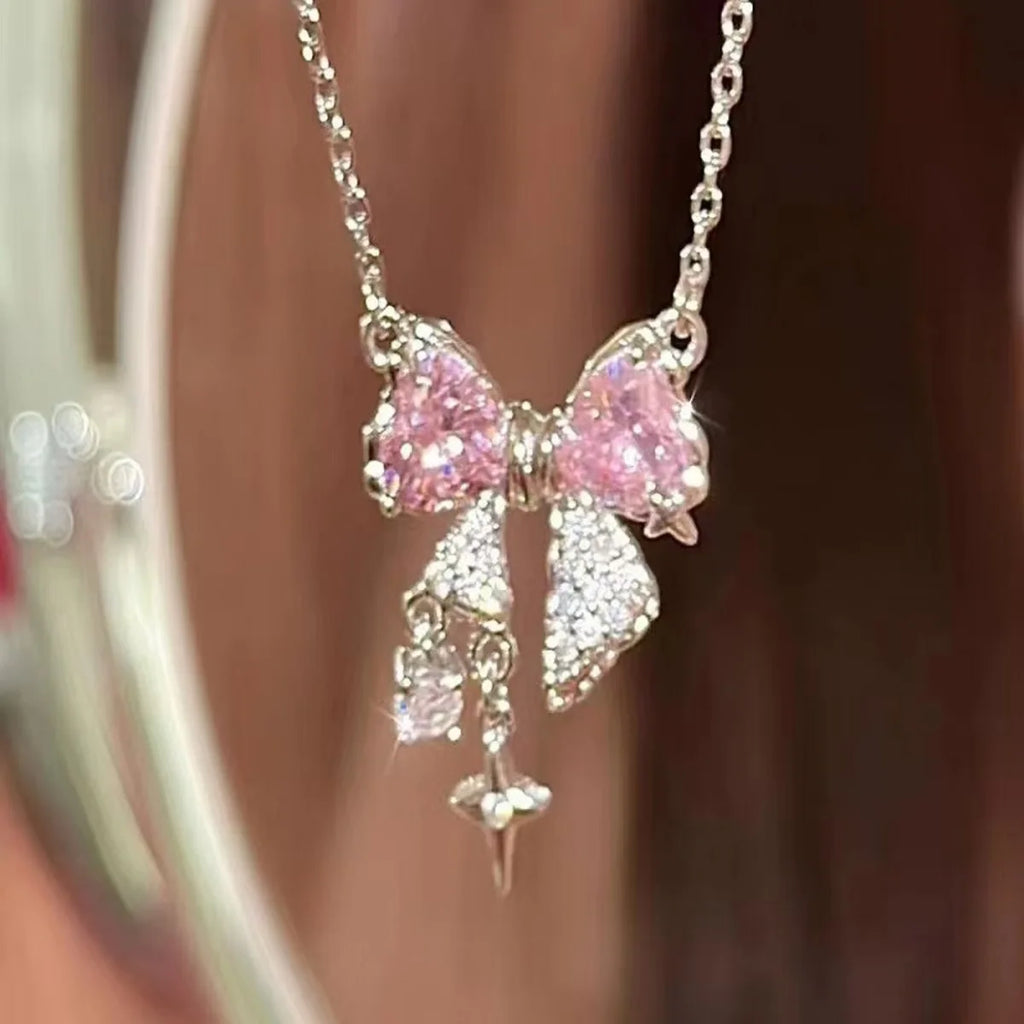 Pink Crystal Bow Charm Necklace
