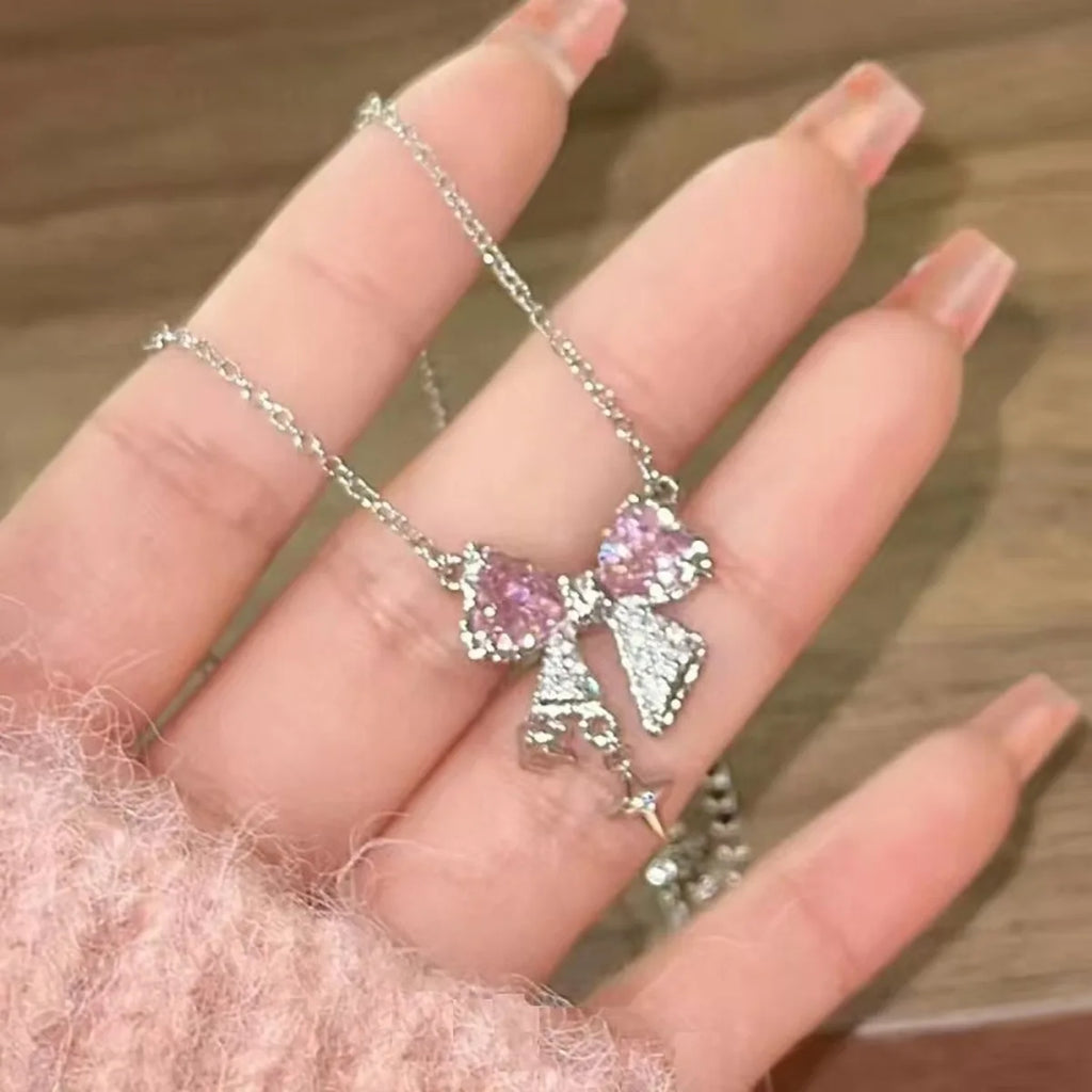 Pink Crystal Bow Charm Necklace