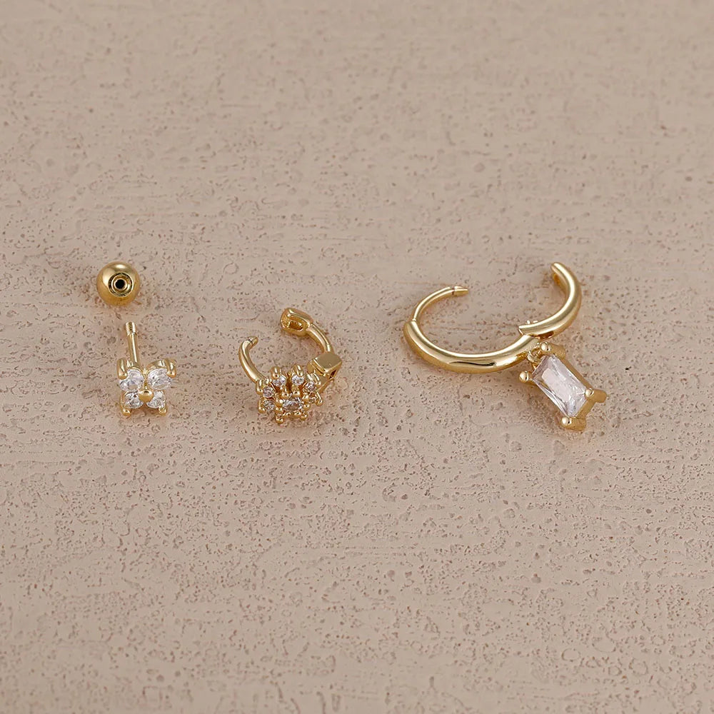 3PCS 14K Gold Plated Zircon Square Hoop Earrings Set