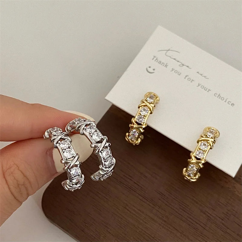 Vintage CC Design Stud Earrings for Women Korean Fashion X Cross Zircon Earring 