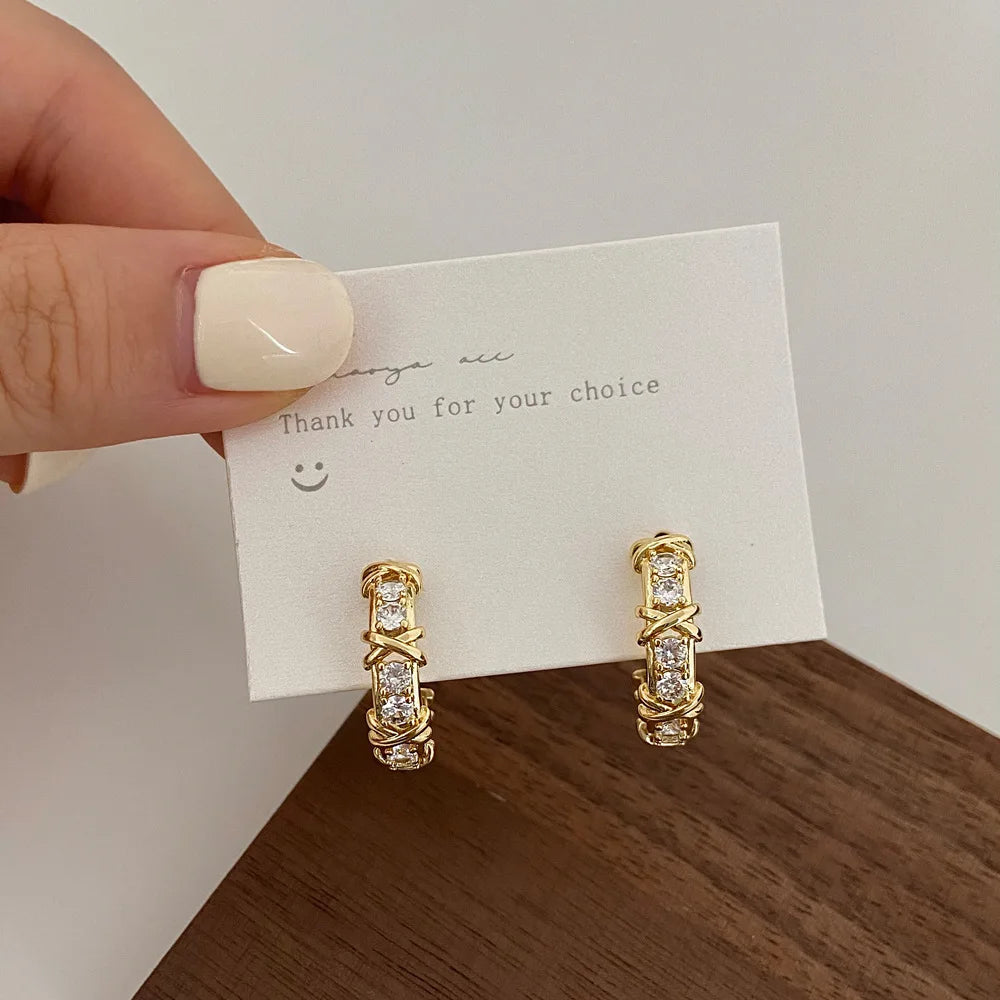 Vintage CC Design Stud Earrings for Women Korean Fashion X Cross Zircon Earring 