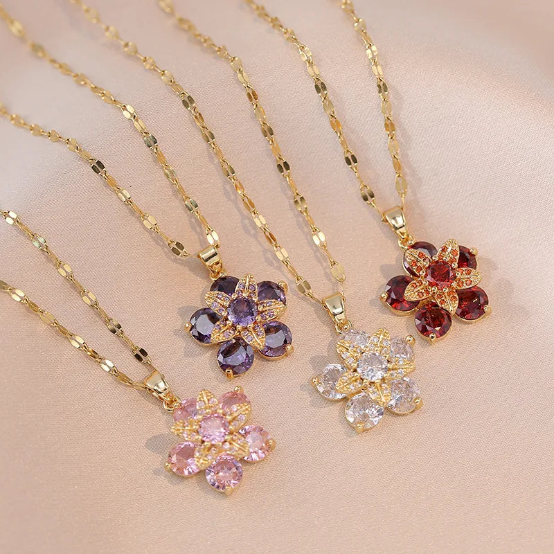 Shiny Zircon Romantic Flower Pendant Necklace
