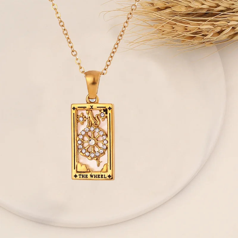Enchanting Vintage Zirconia Tarot Card Necklace - A Magical Amulet of Wealth and Luck in 18k Gold Plated Stainless Steel