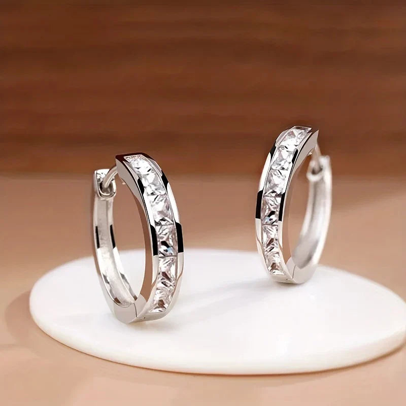 Classic Design Women Hoop Earrings Full with Princess Square CZ Simple and Elegant