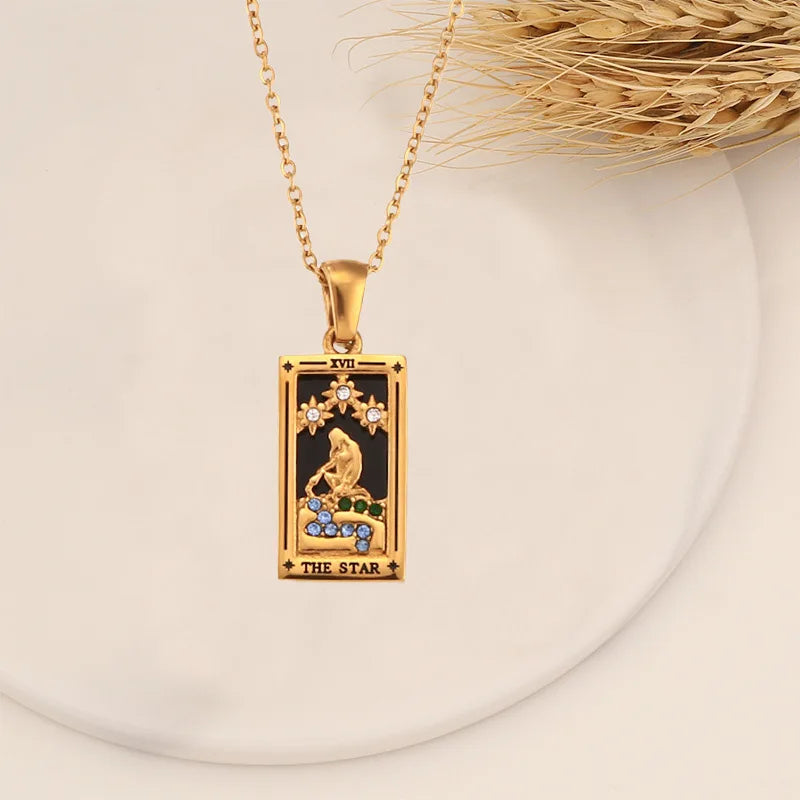Enchanting Vintage Zirconia Tarot Card Necklace - A Magical Amulet of Wealth and Luck in 18k Gold Plated Stainless Steel