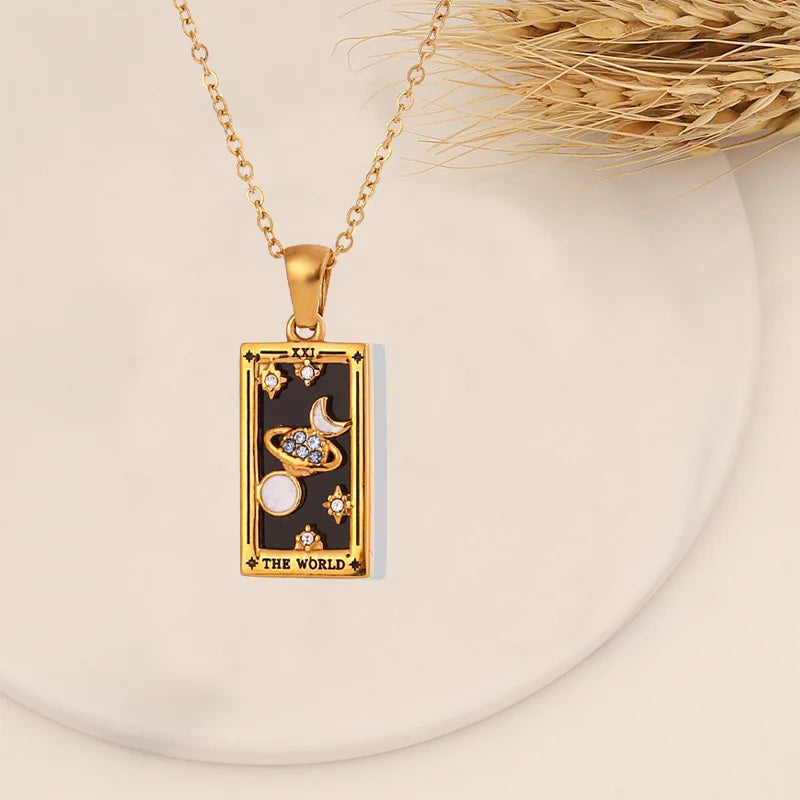 Enchanting Vintage Zirconia Tarot Card Necklace - A Magical Amulet of Wealth and Luck in 18k Gold Plated Stainless Steel