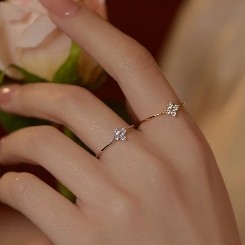 925 Thai Silver Inlaid Four Leaves Clover Zirconia Flower Ring