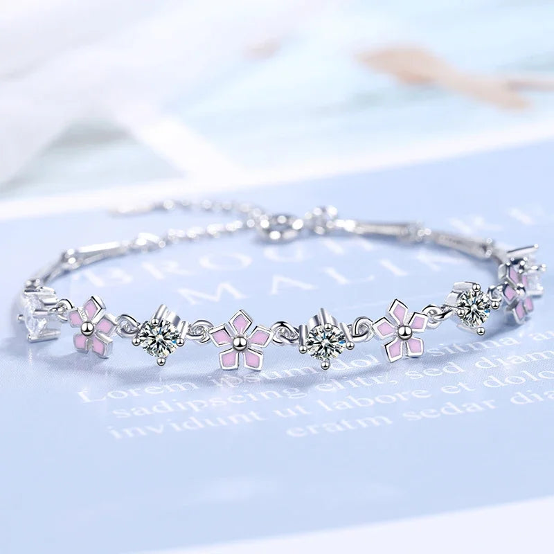 Newest Fresh Girl'S Lovely Pink Cherry Blossoms Charm Bracelets