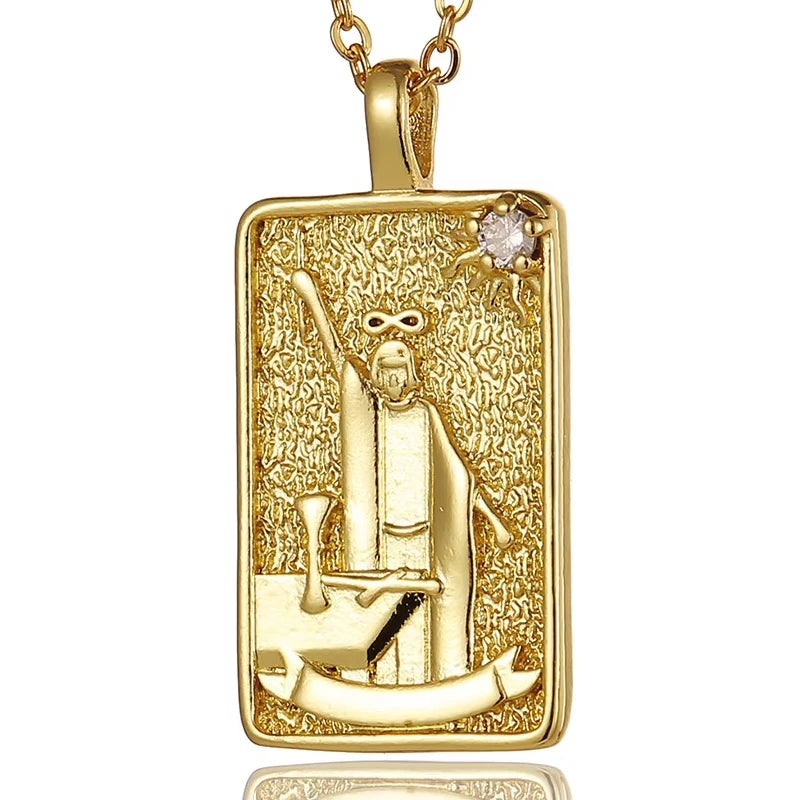 Enchanting Vintage Zirconia Tarot Card Necklace - A Magical Amulet of Wealth and Luck in 18k Gold Plated Stainless Steel