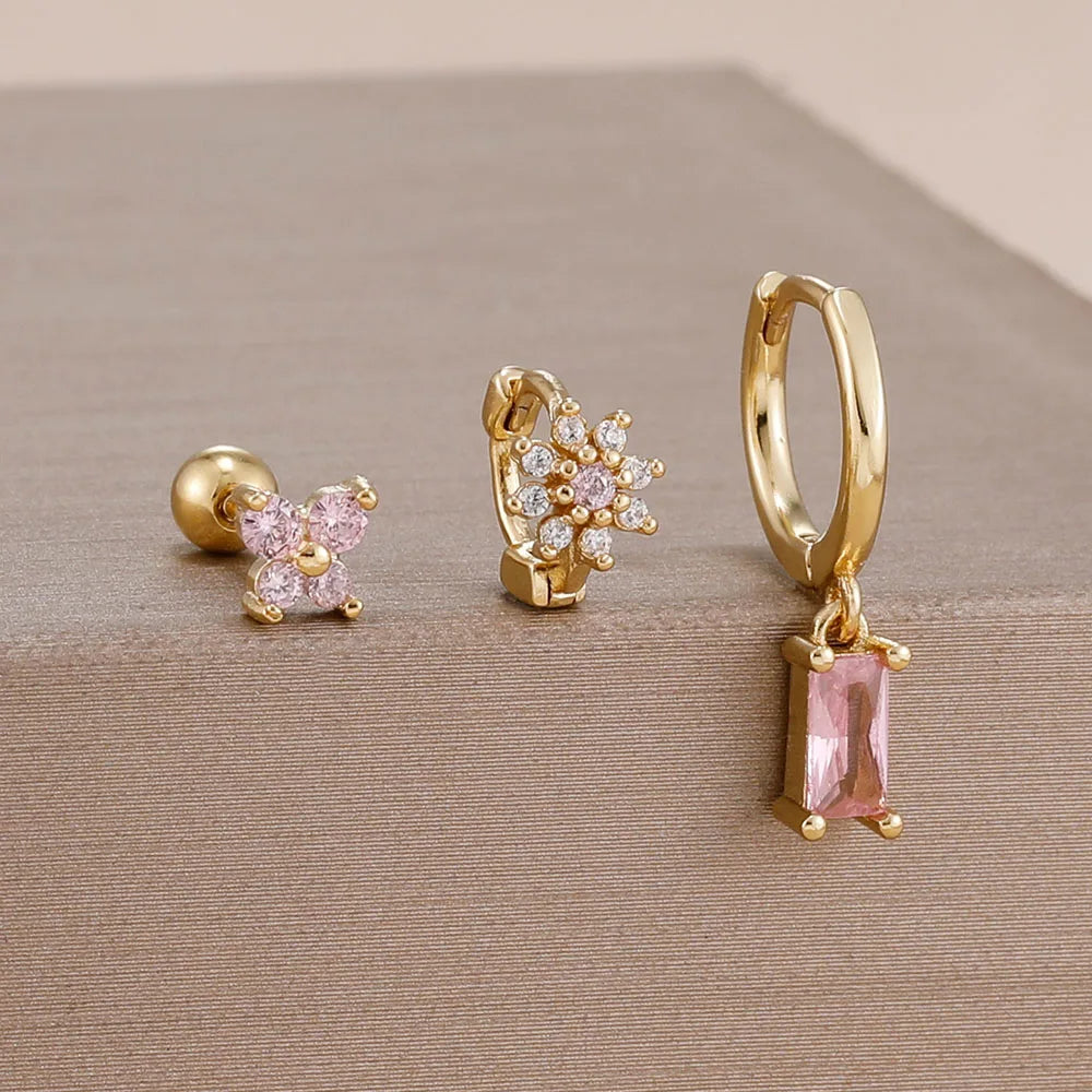 3PCS 14K Gold Plated Zircon Square Hoop Earrings Set