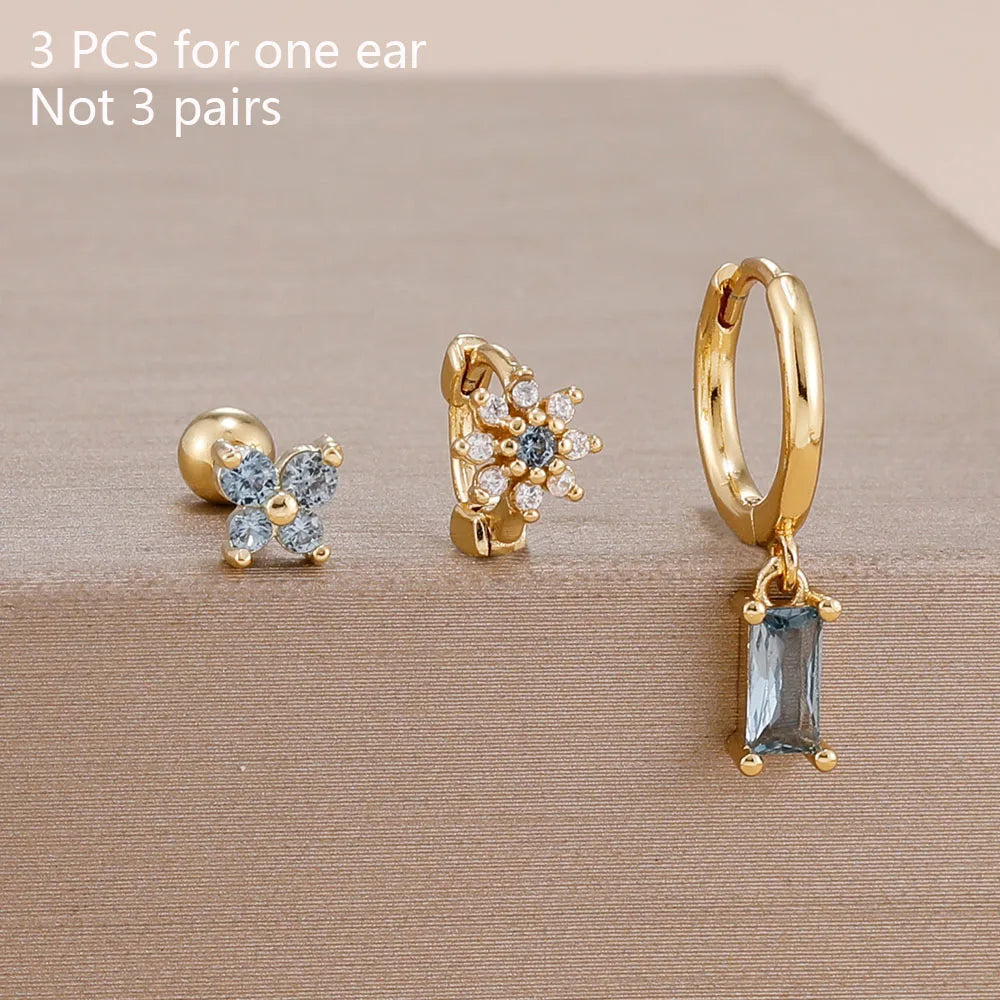 3PCS 14K Gold Plated Zircon Square Hoop Earrings Set