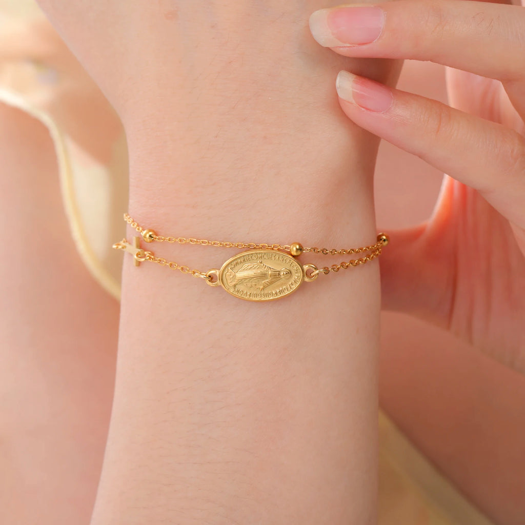 Virgin Mary with Cross Pendant Bracelets Stainless Steel Beads Chain Bracelets