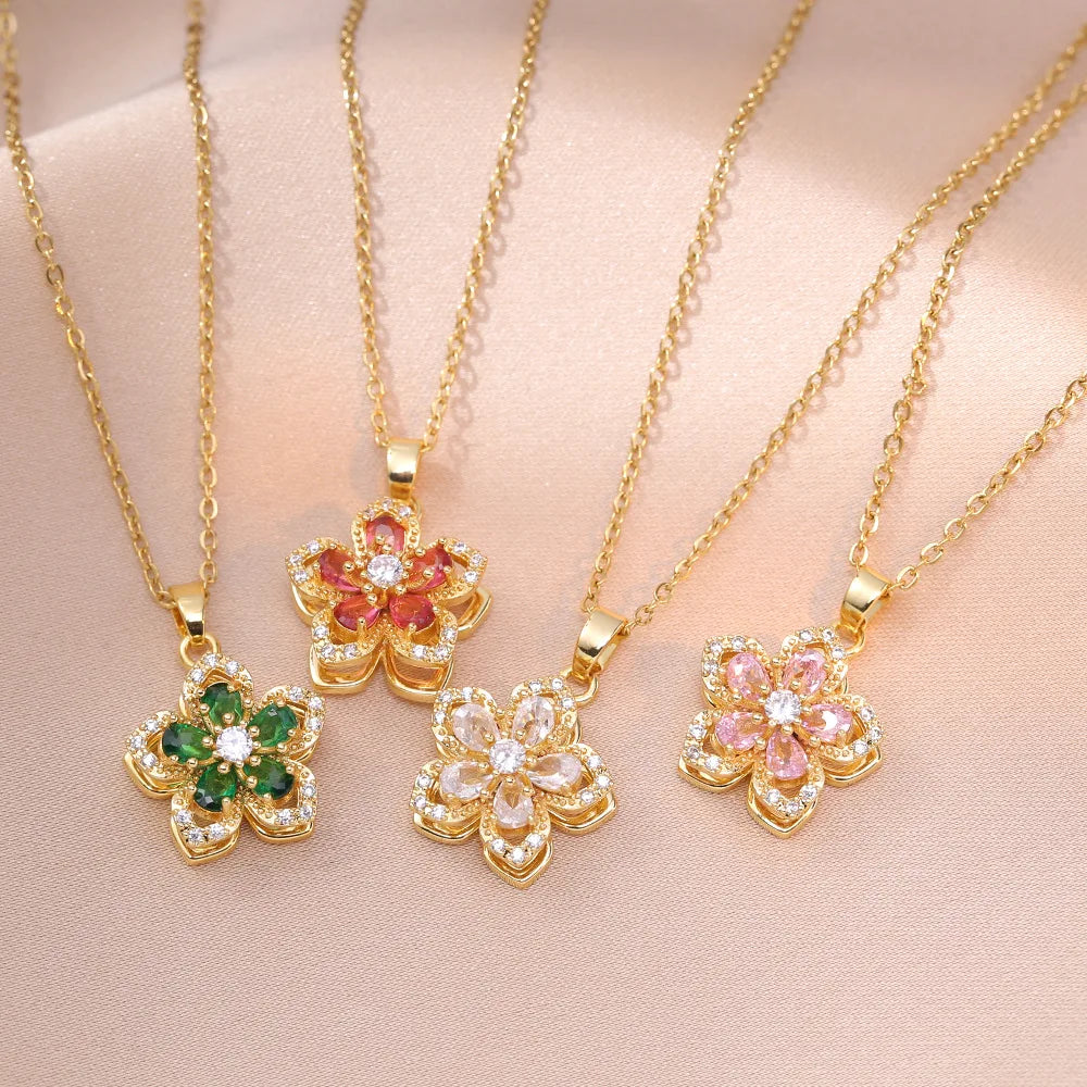 Shiny Zircon Romantic Flower Pendant Necklace