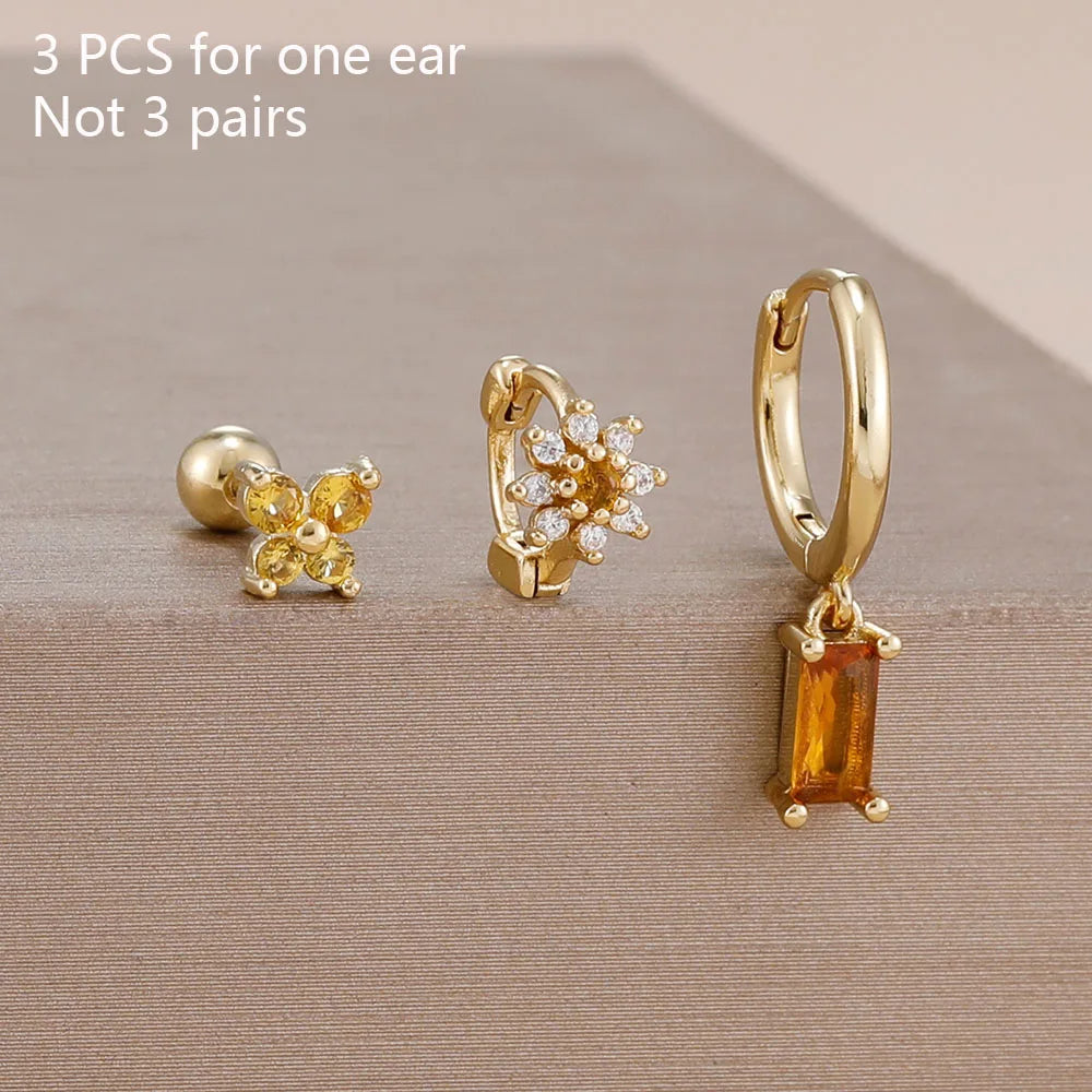 3PCS 14K Gold Plated Zircon Square Hoop Earrings Set