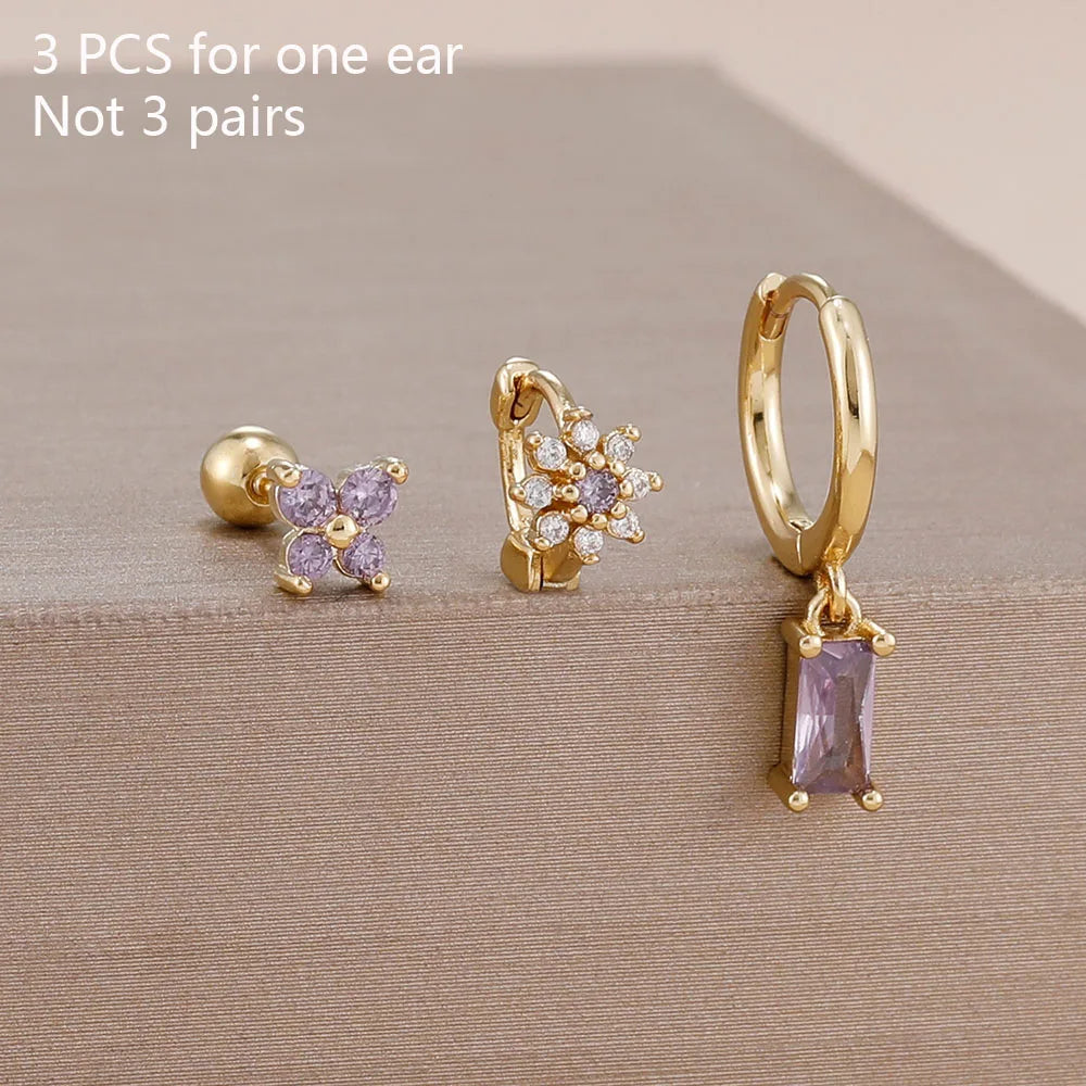 3PCS 14K Gold Plated Zircon Square Hoop Earrings Set