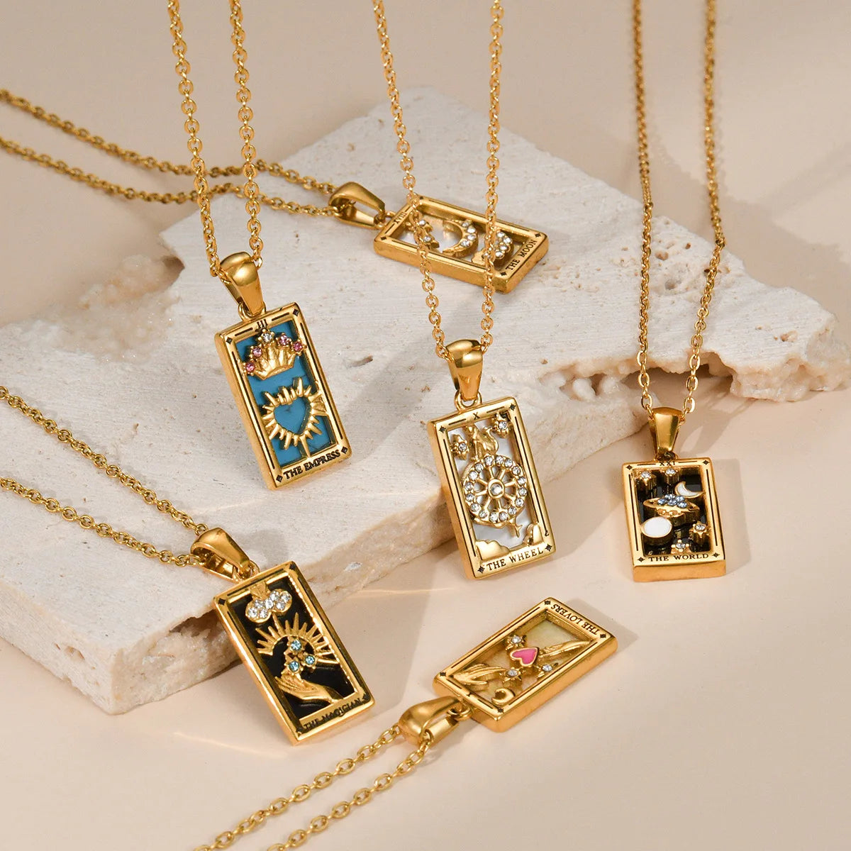 Enchanting Vintage Zirconia Tarot Card Necklace - A Magical Amulet of Wealth and Luck in 18k Gold Plated Stainless Steel