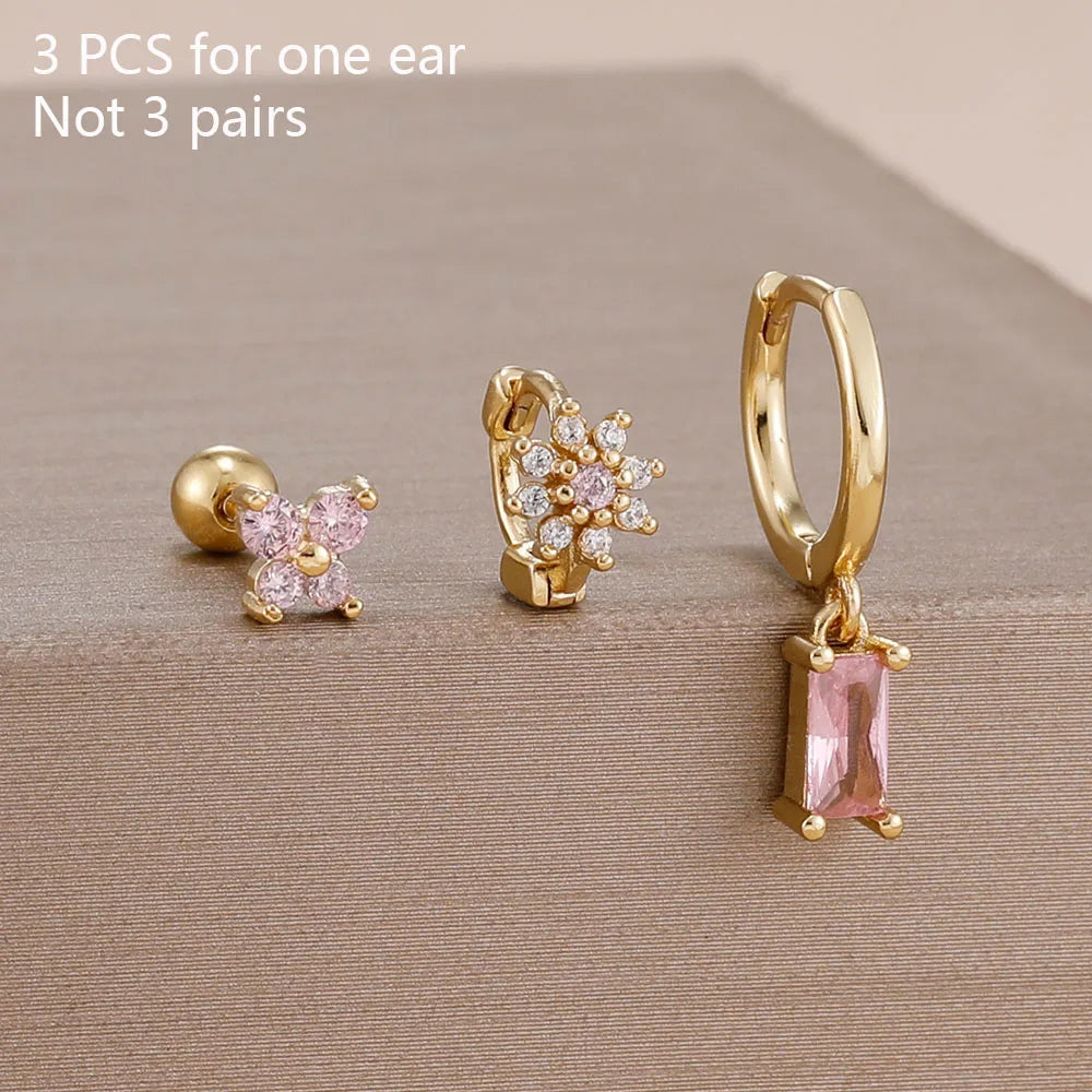 3PCS 14K Gold Plated Zircon Square Hoop Earrings Set