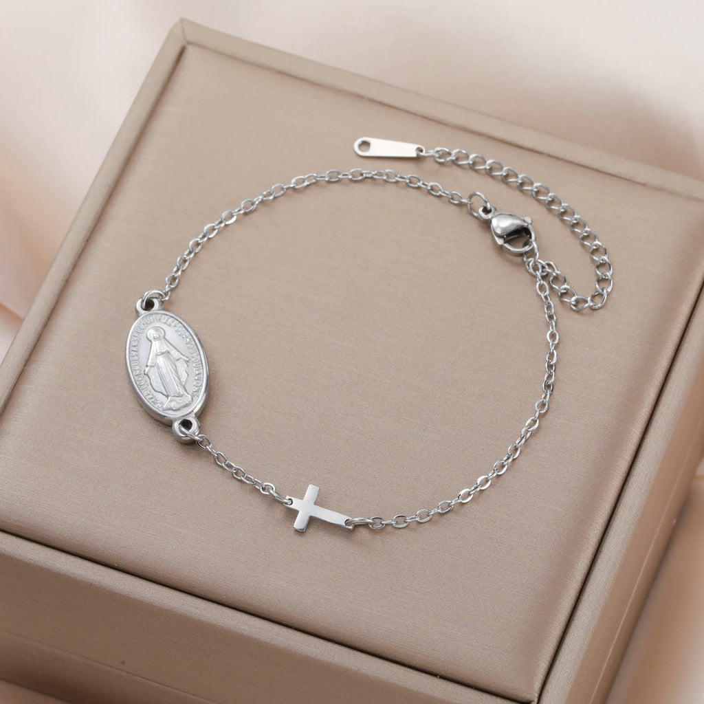 Virgin Mary with Cross Pendant Bracelets Stainless Steel Beads Chain Bracelets