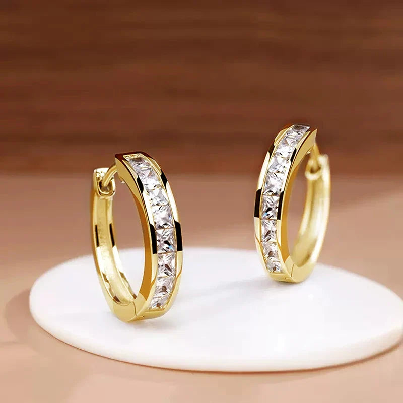 Classic Design Women Hoop Earrings Full with Princess Square CZ Simple and Elegant