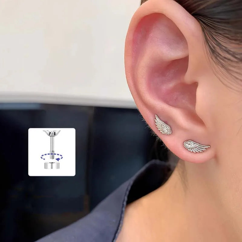 Fashion Silver Color Zircon Wing Stud Earrings for Women Luxury Shiny Crystal Geometric Personality Ear Bone Nail Jewelry Gifts