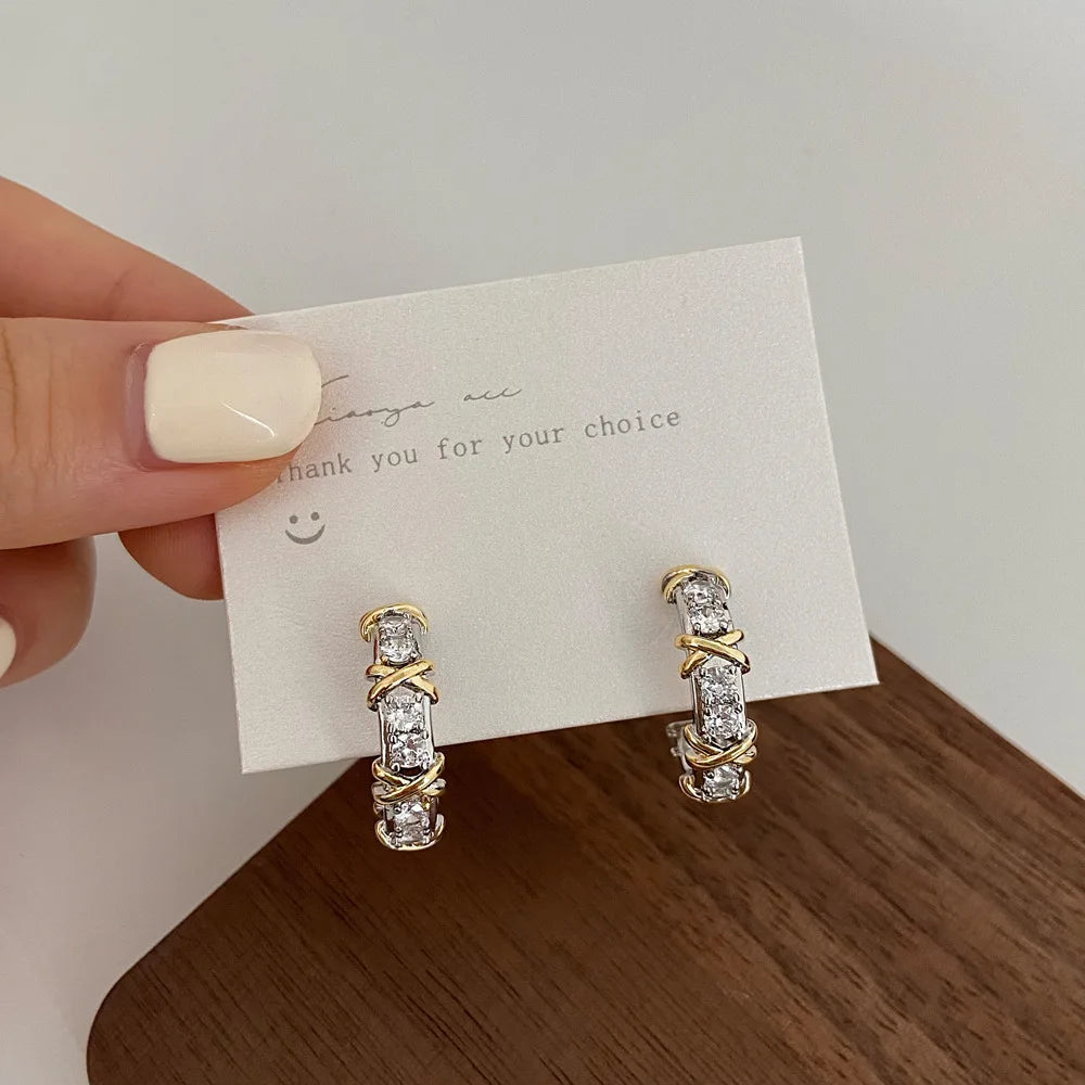 Vintage CC Design Stud Earrings for Women Korean Fashion X Cross Zircon Earring 