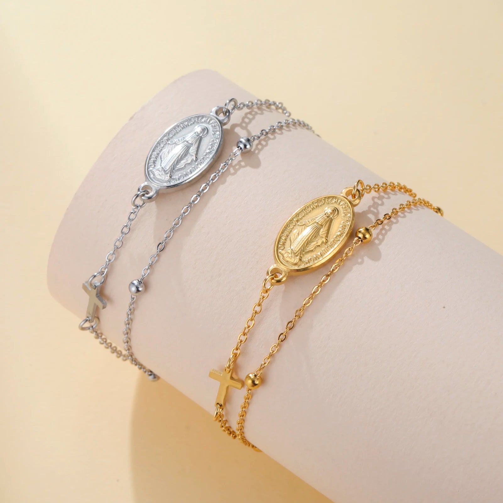Virgin Mary with Cross Pendant Bracelets Stainless Steel Beads Chain Bracelets