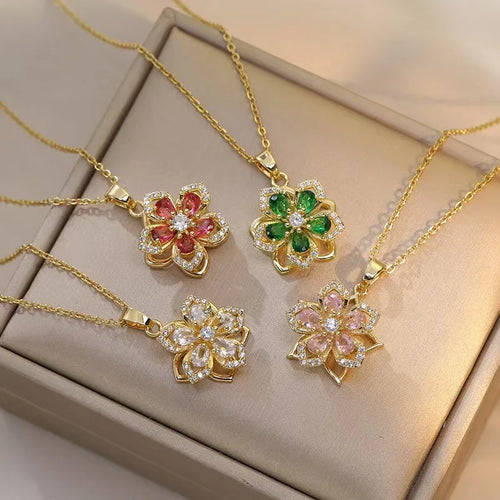 Shiny Zircon Romantic Flower Pendant Necklace