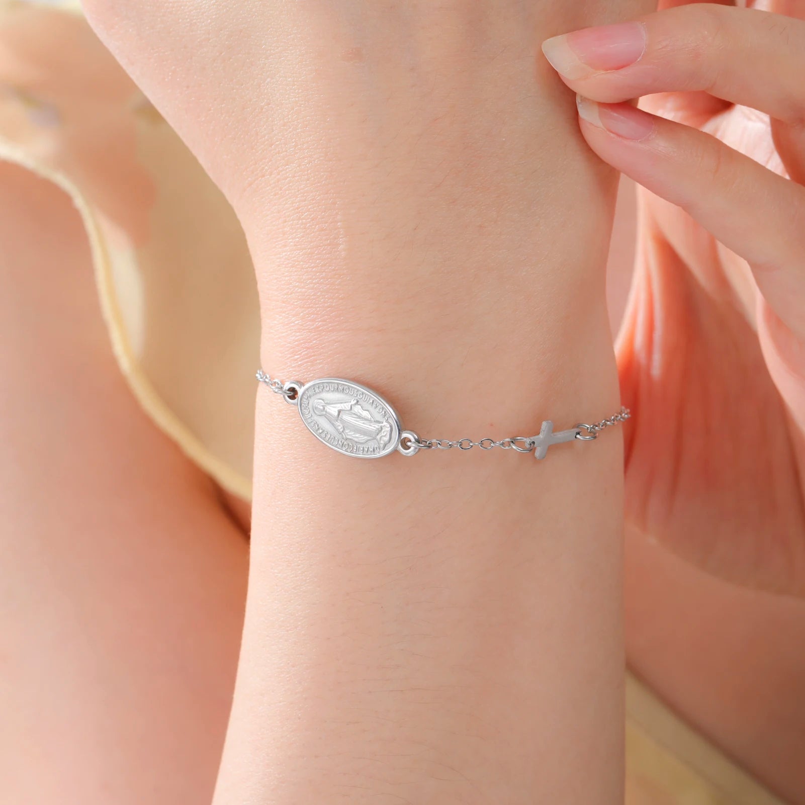 Virgin Mary with Cross Pendant Bracelets Stainless Steel Beads Chain Bracelets