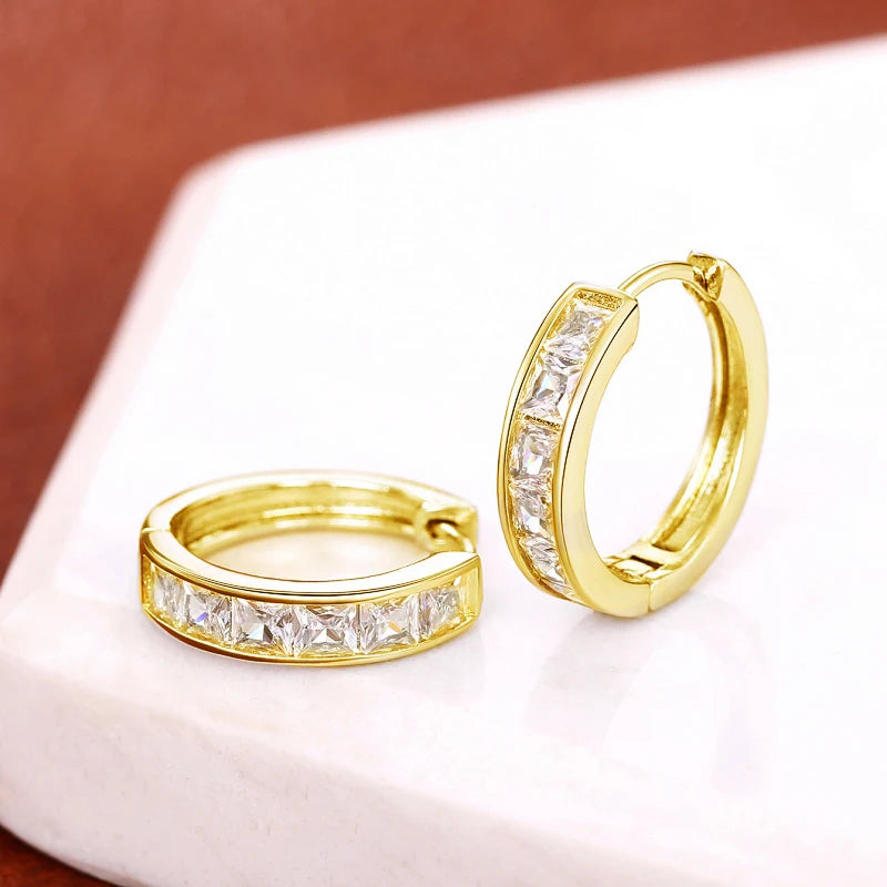 Classic Design Women Hoop Earrings Full with Princess Square CZ Simple and Elegant