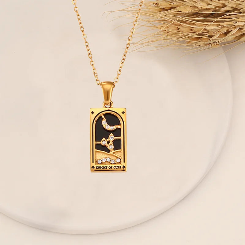 Enchanting Vintage Zirconia Tarot Card Necklace - A Magical Amulet of Wealth and Luck in 18k Gold Plated Stainless Steel