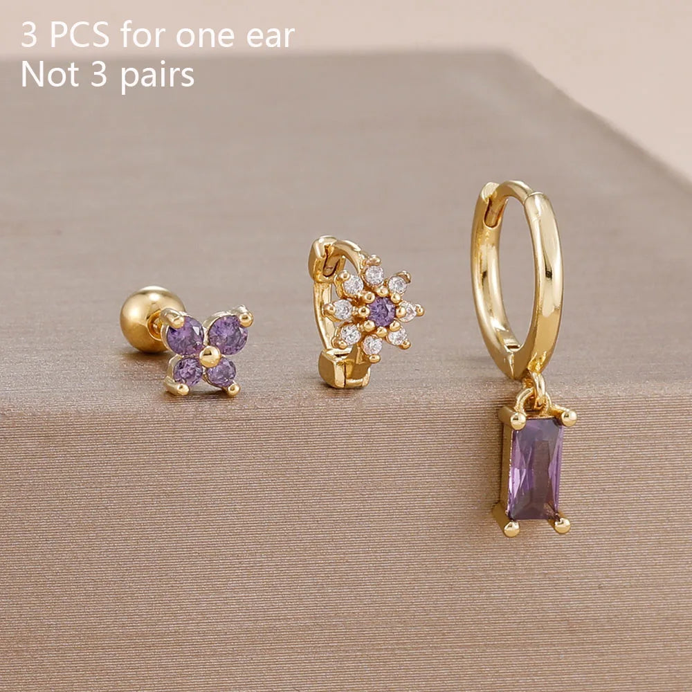 3PCS 14K Gold Plated Zircon Square Hoop Earrings Set