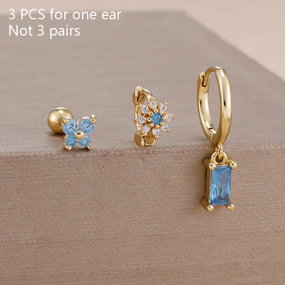 3PCS 14K Gold Plated Zircon Square Hoop Earrings Set