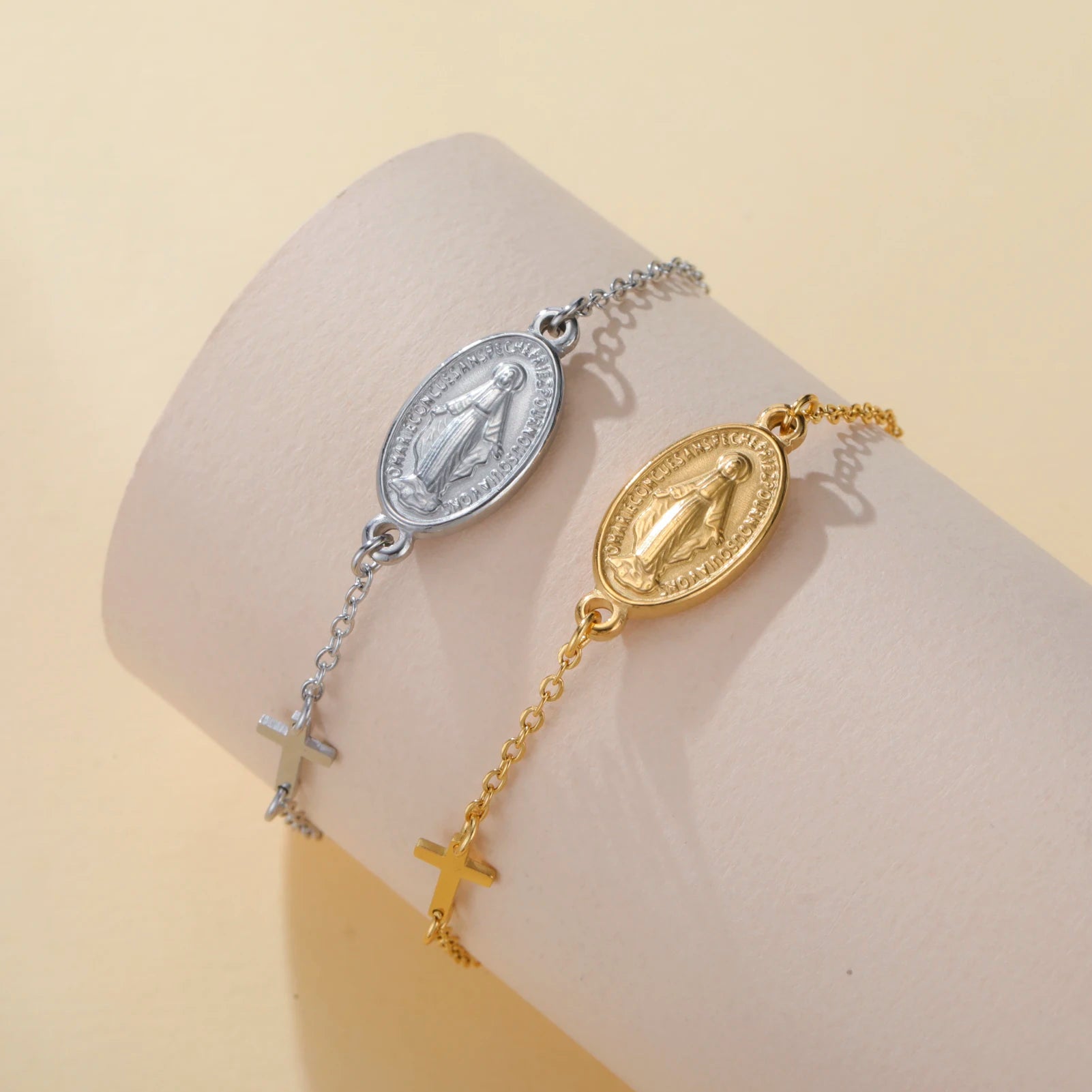 Virgin Mary with Cross Pendant Bracelets Stainless Steel Beads Chain Bracelets