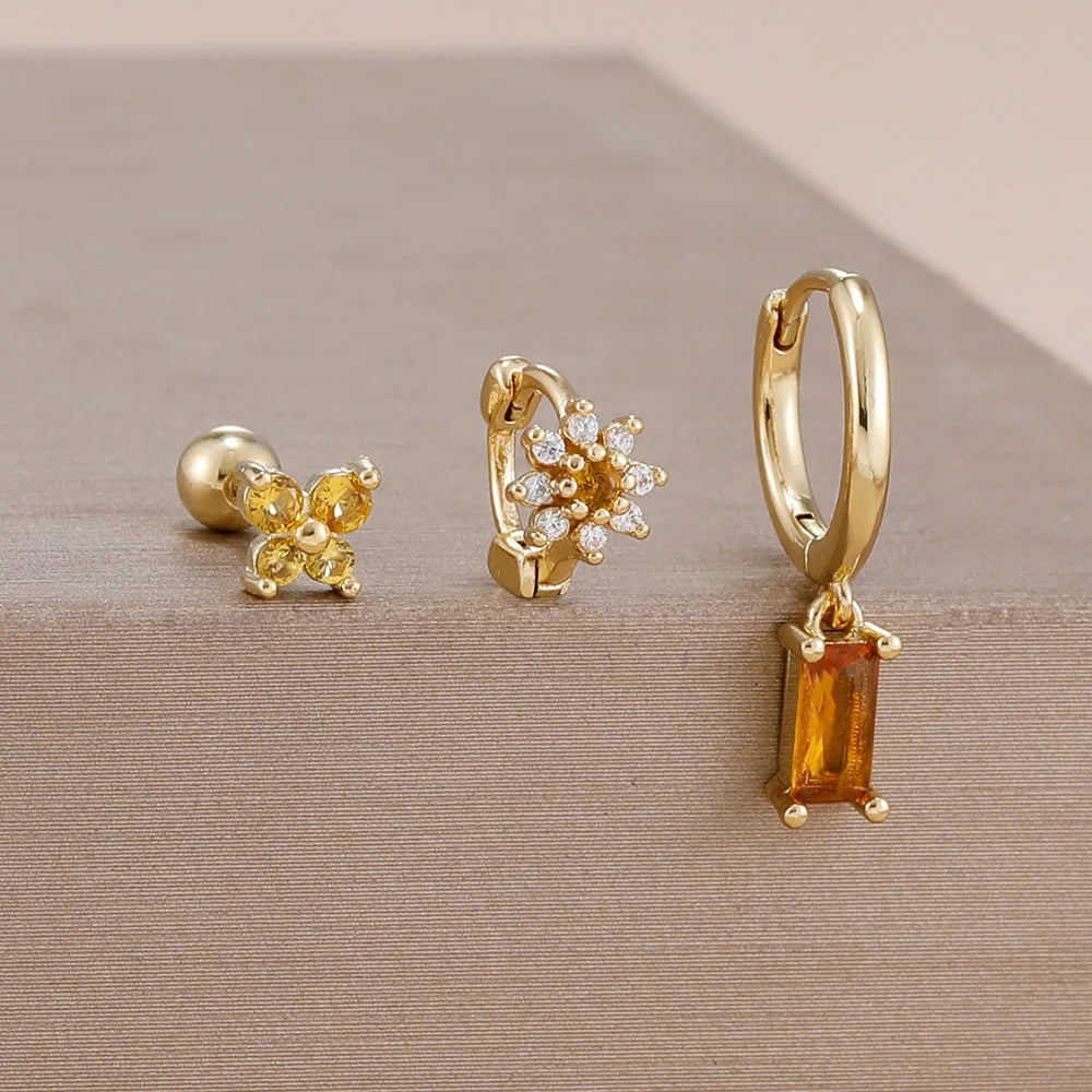 3PCS 14K Gold Plated Zircon Square Hoop Earrings Set