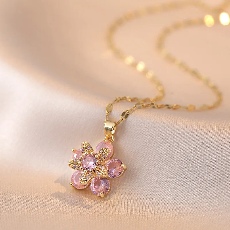 Shiny Zircon Romantic Flower Pendant Necklace