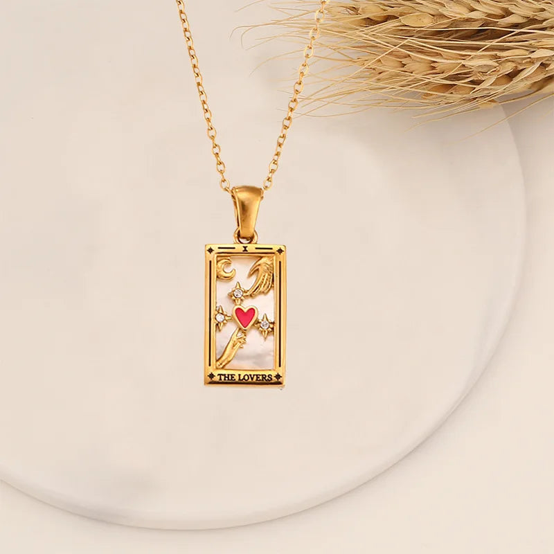 Enchanting Vintage Zirconia Tarot Card Necklace - A Magical Amulet of Wealth and Luck in 18k Gold Plated Stainless Steel