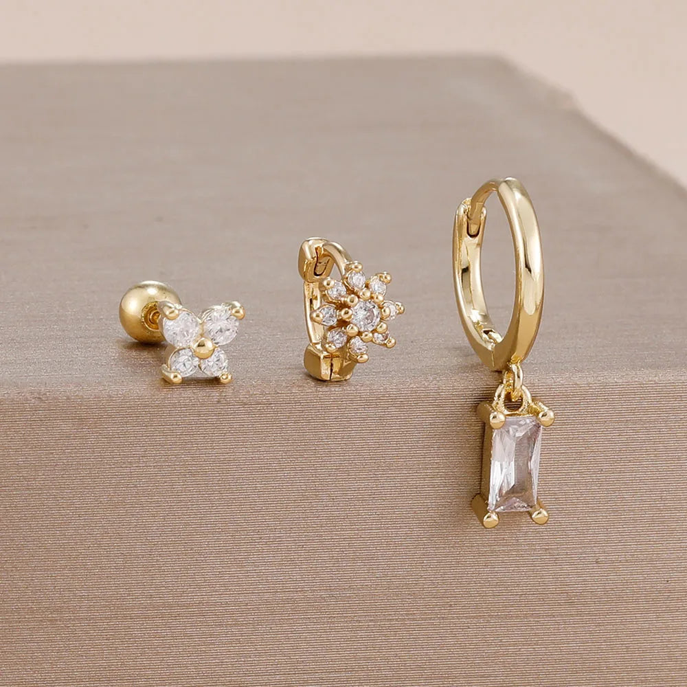 3PCS 14K Gold Plated Zircon Square Hoop Earrings Set