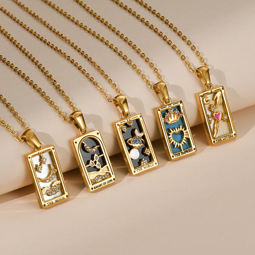Enchanting Vintage Zirconia Tarot Card Necklace - A Magical Amulet of Wealth and Luck in 18k Gold Plated Stainless Steel