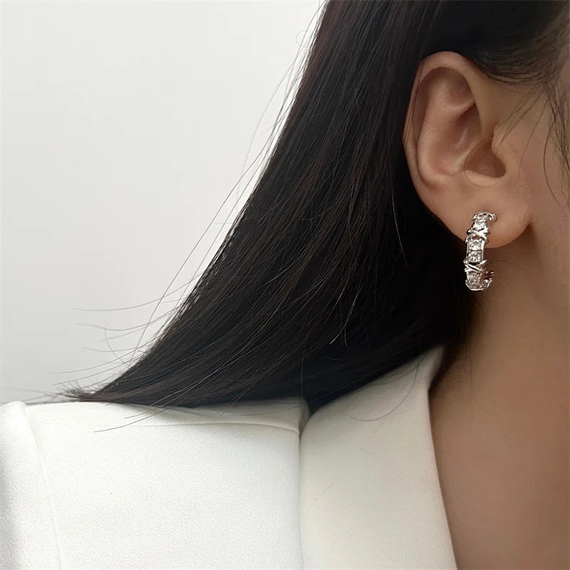 Vintage CC Design Stud Earrings for Women Korean Fashion X Cross Zircon Earring 