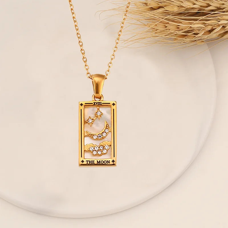 Enchanting Vintage Zirconia Tarot Card Necklace - A Magical Amulet of Wealth and Luck in 18k Gold Plated Stainless Steel