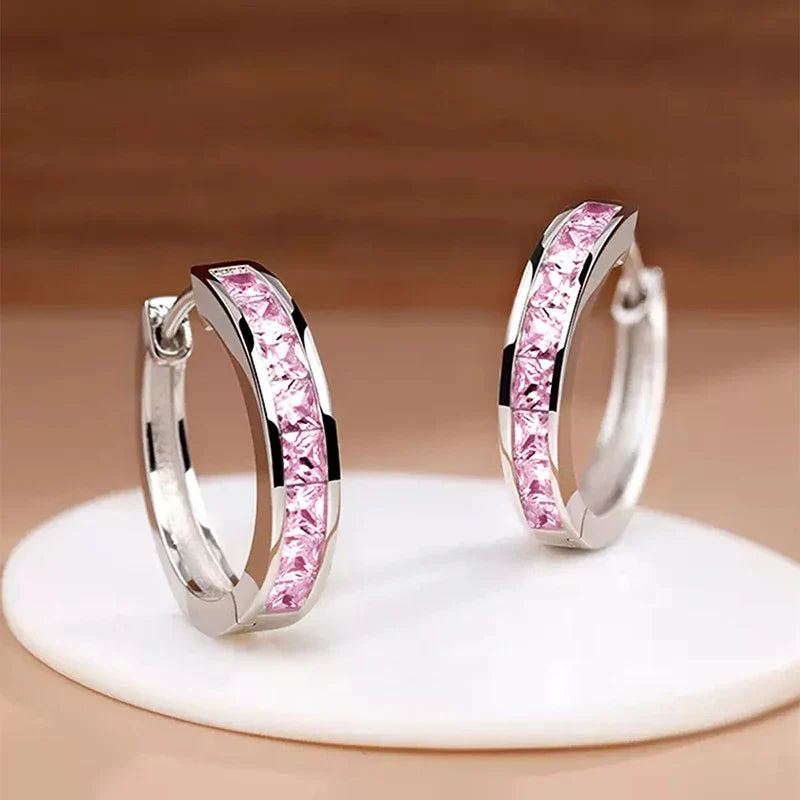 Classic Design Women Hoop Earrings Full with Princess Square CZ Simple and Elegant