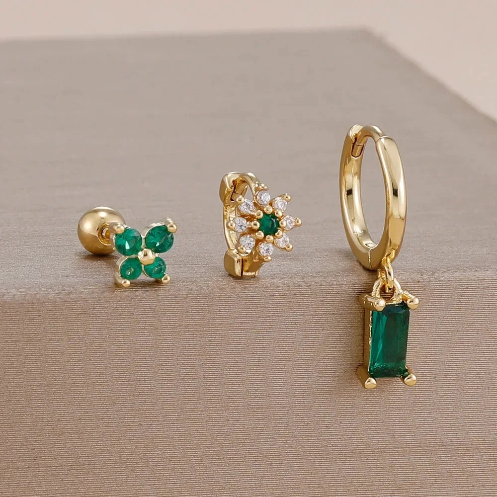 3PCS 14K Gold Plated Zircon Square Hoop Earrings Set