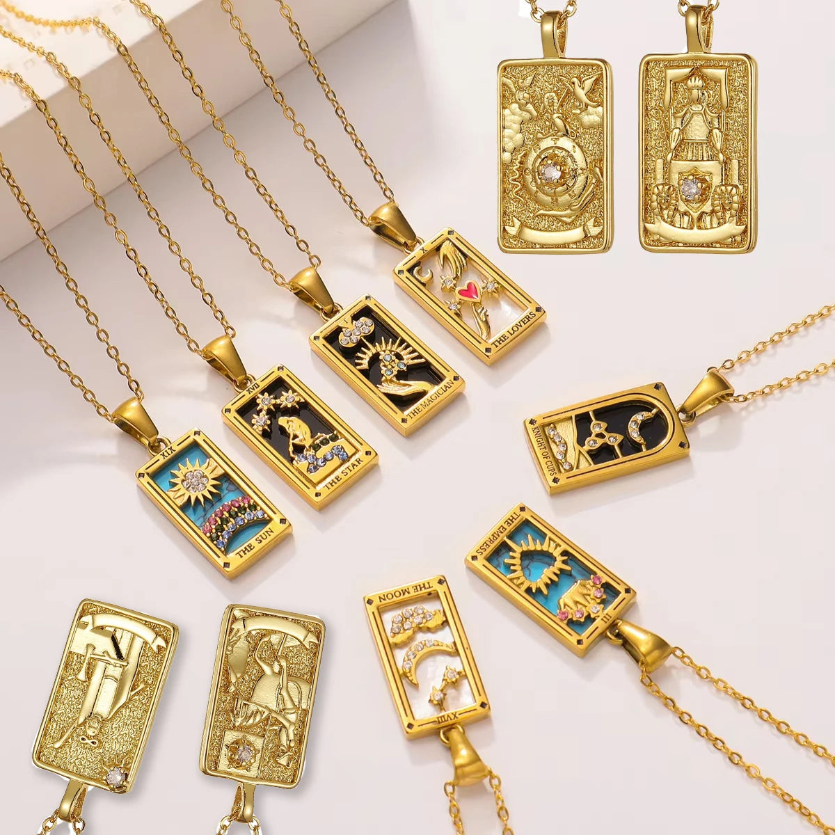 Enchanting Vintage Zirconia Tarot Card Necklace - A Magical Amulet of Wealth and Luck in 18k Gold Plated Stainless Steel