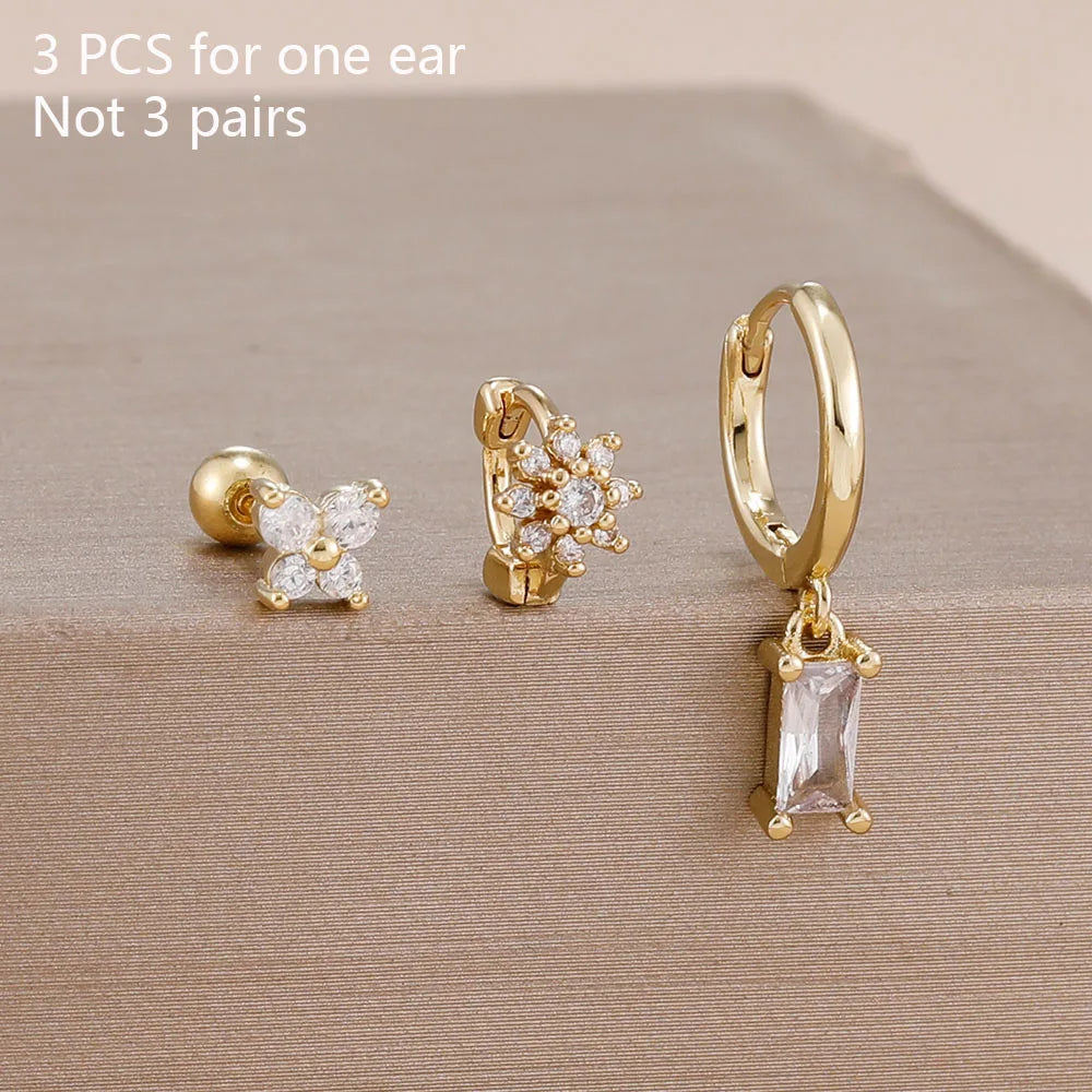 3PCS 14K Gold Plated Zircon Square Hoop Earrings Set