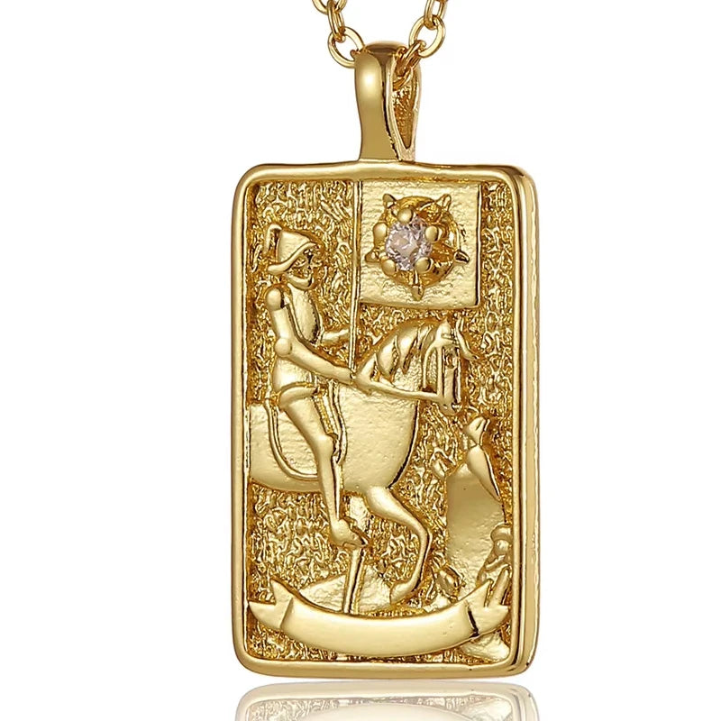 Enchanting Vintage Zirconia Tarot Card Necklace - A Magical Amulet of Wealth and Luck in 18k Gold Plated Stainless Steel