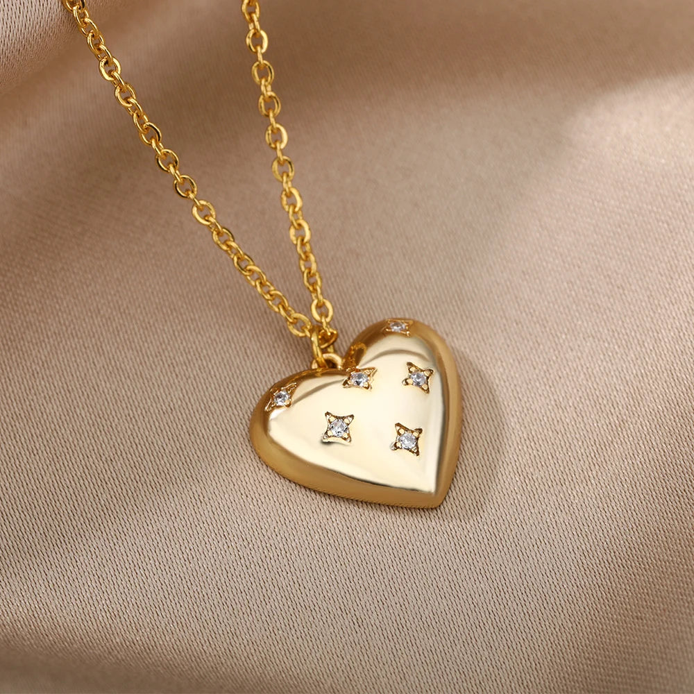 Zircon Heart Stainless Steel Gold Color Necklace