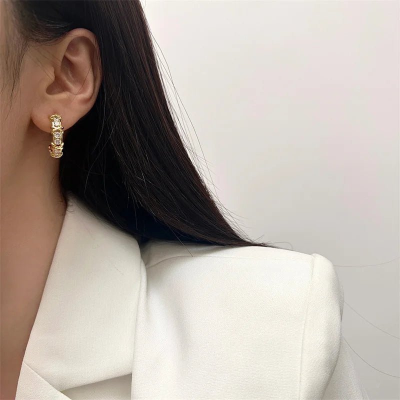 Vintage CC Design Stud Earrings for Women Korean Fashion X Cross Zircon Earring 
